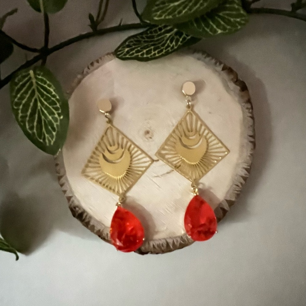 Delicate Statement Gold & Orange Dangle Earrings … - image 5